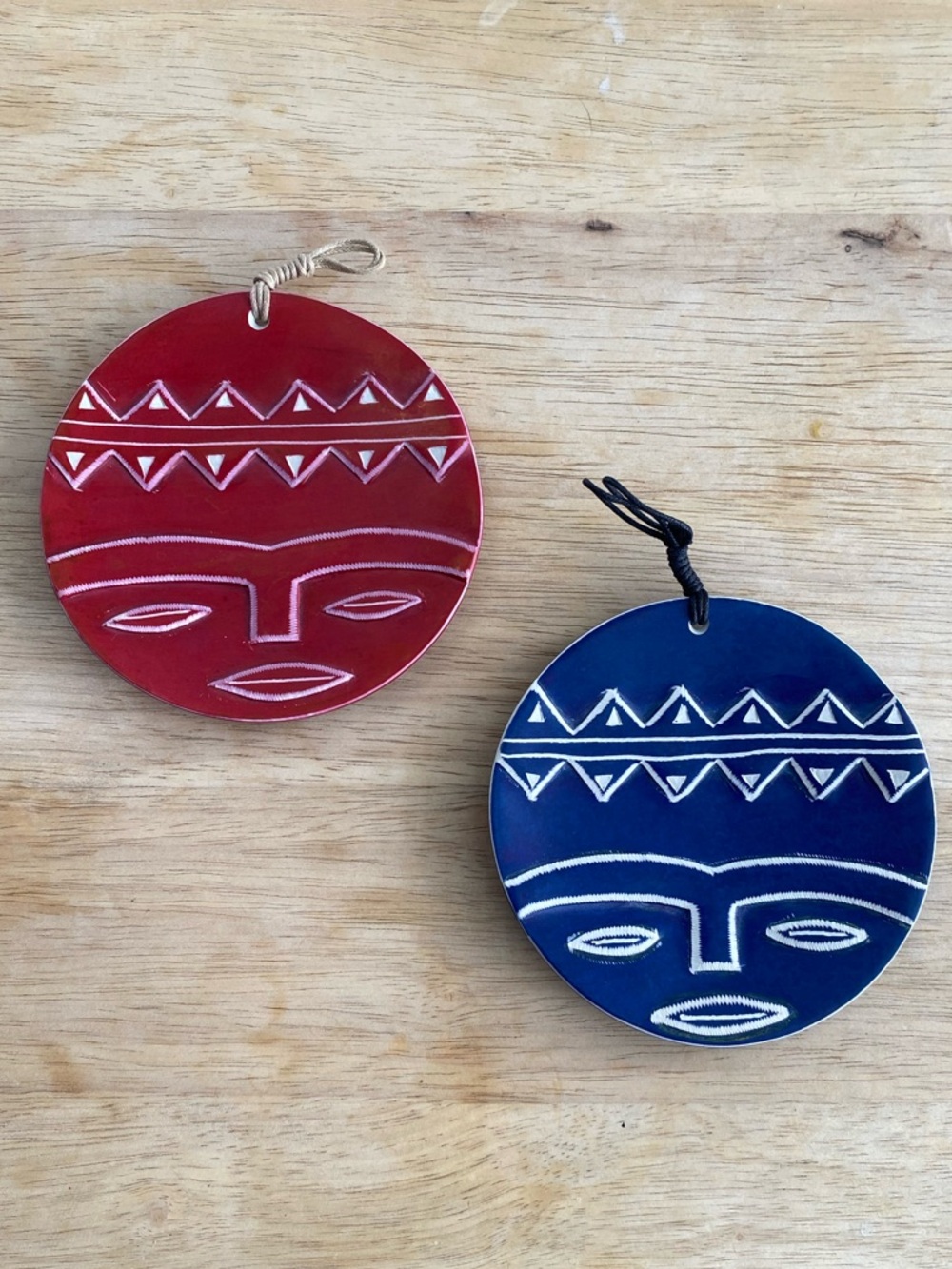 Handmade Tribal Face Pendant Pair in Red and Navy